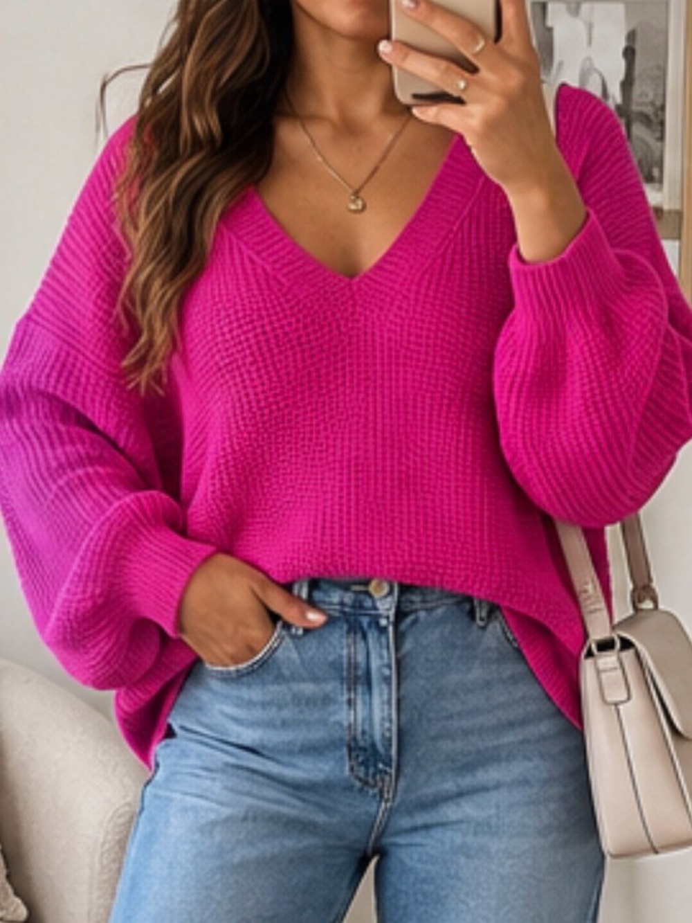 SHEIN Curve Hot Pink V-Neck Oversized Knit Sweater 1XL